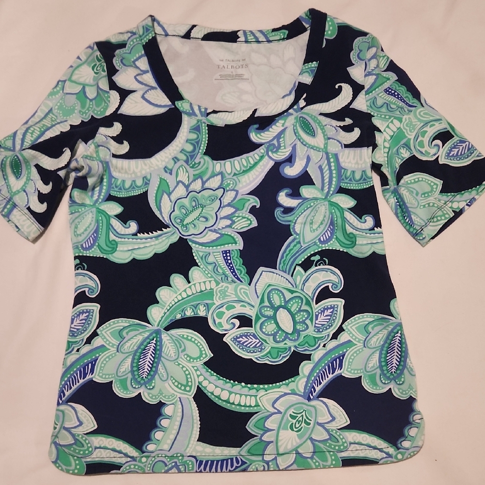 Talbots Navy Greens Paisley Scoop Neck Short Sleeve Sz S